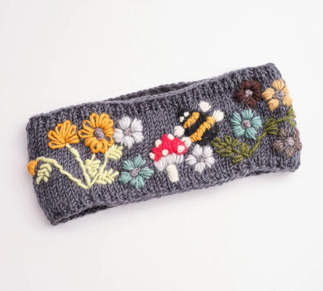 Wool Headband with Flowers, Mushroom and Bee