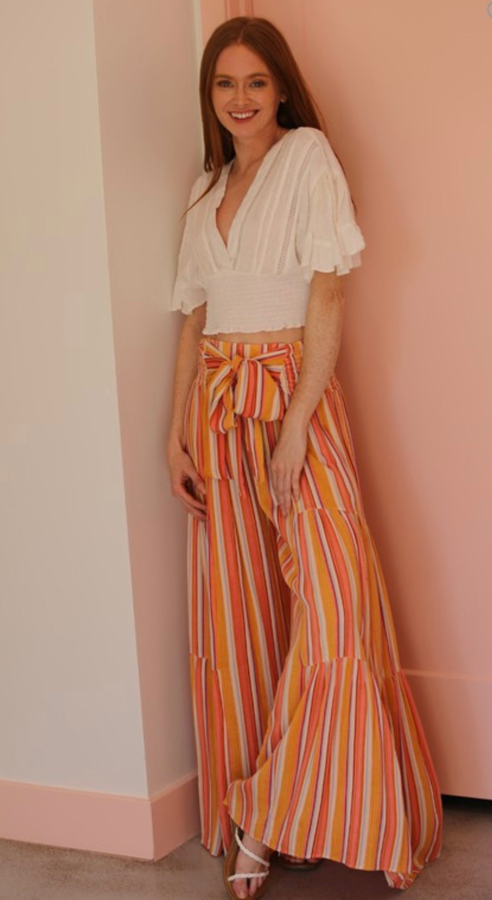 Tie Waist Tiered Wide Leg Pant