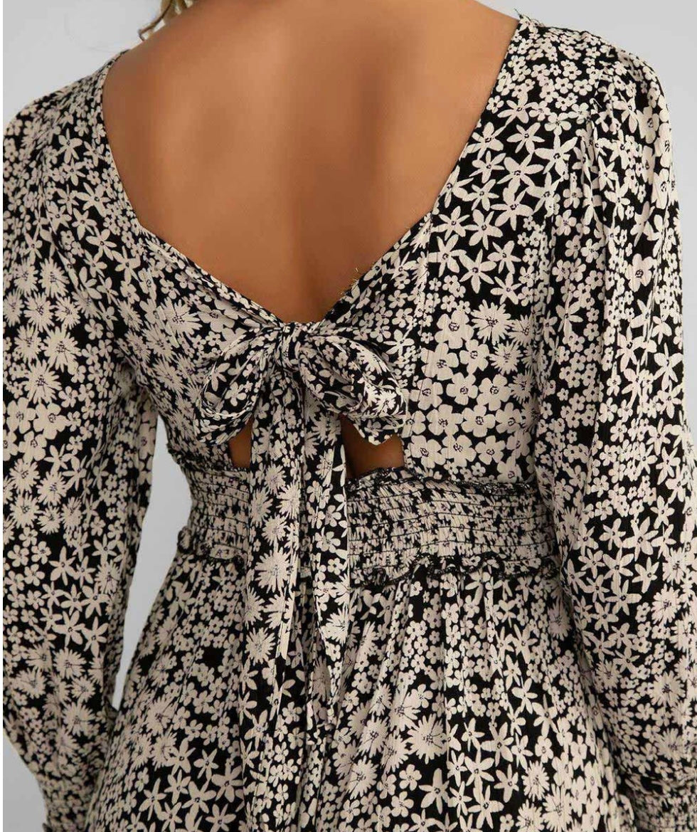 Long Sleeve Floral Dress with Smocked Elastic Waist