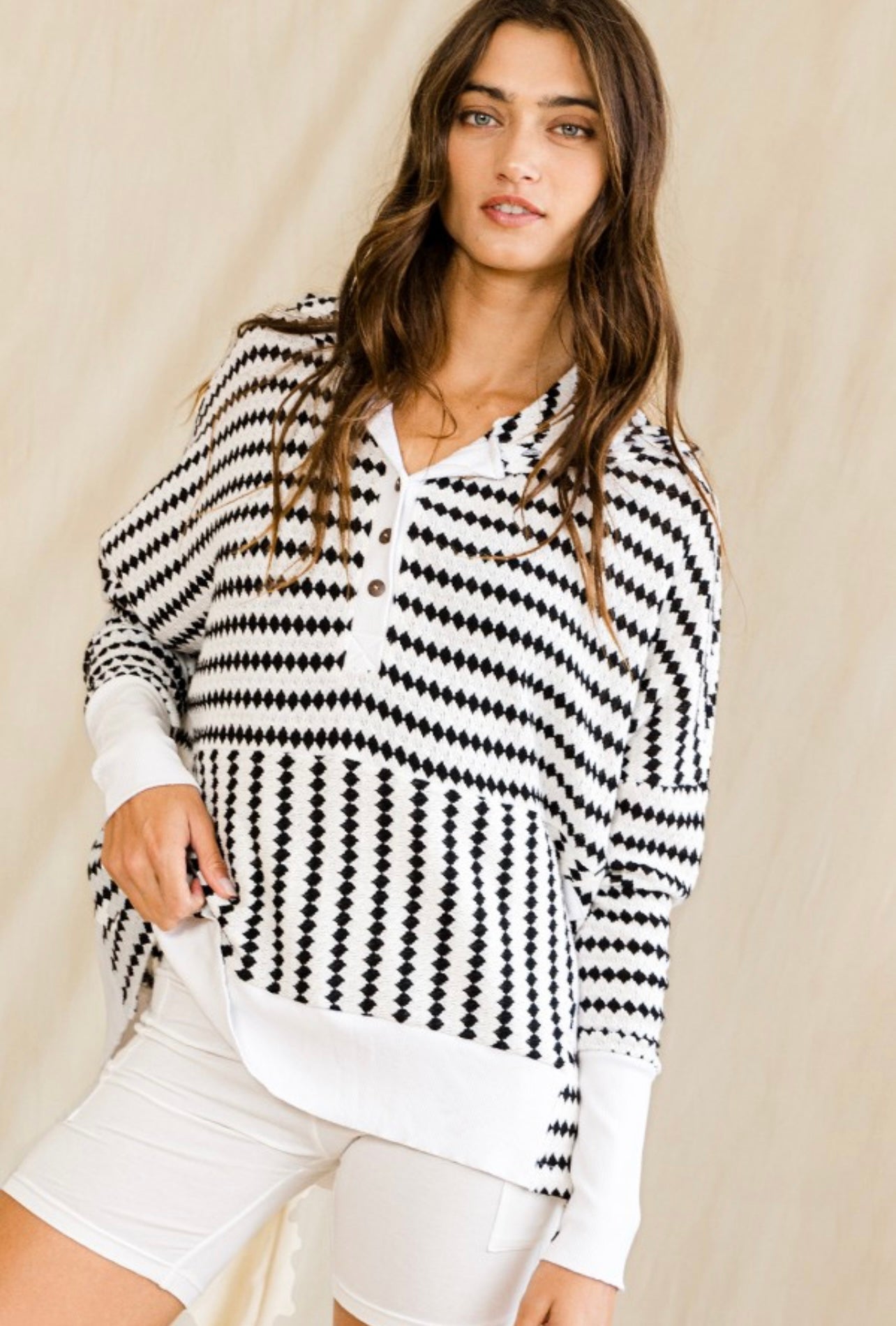 Oversized Stripe Button Up Long Sleeve Hoodie Shirt
