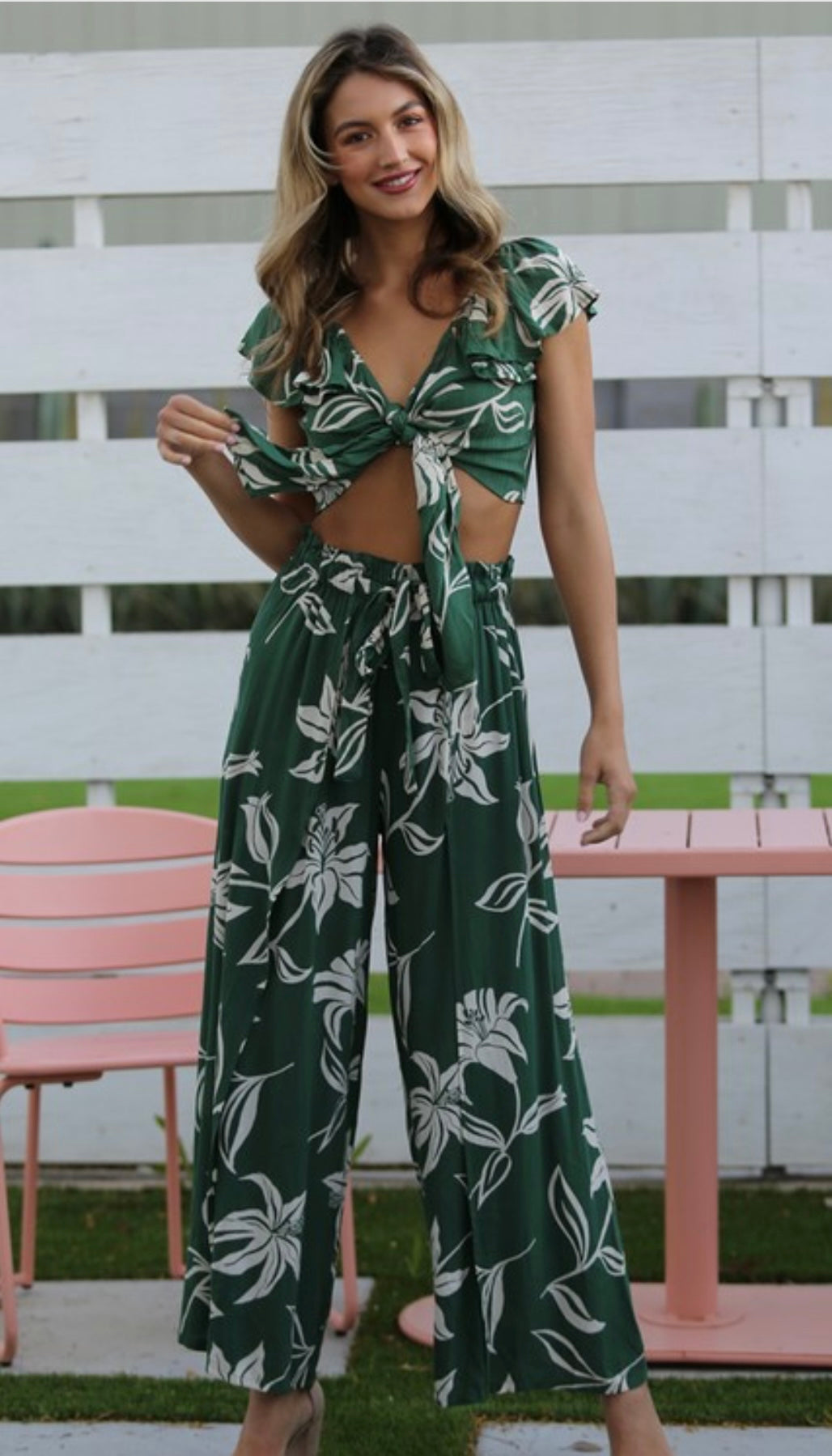 Tie Front Crop Top with Ruffle Sleeve