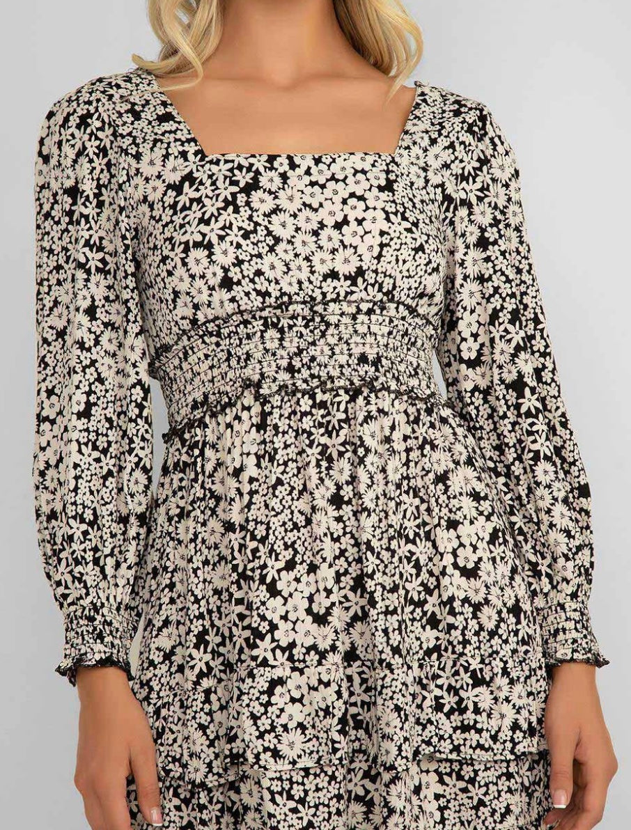 Long Sleeve Floral Dress with Smocked Elastic Waist