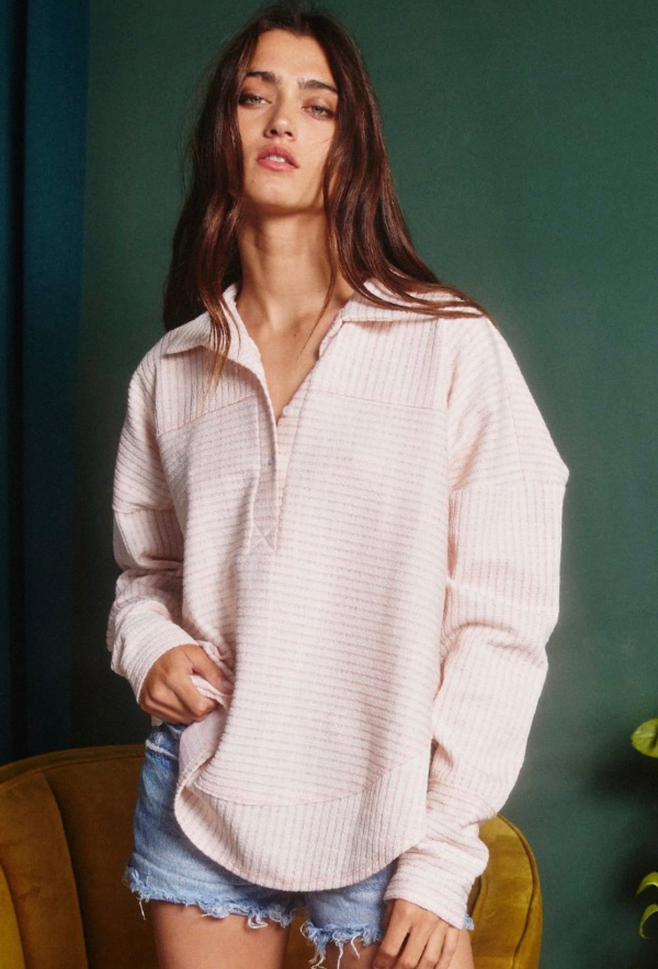 Ribbed Long Sleeve Button Up Pullover Shirt