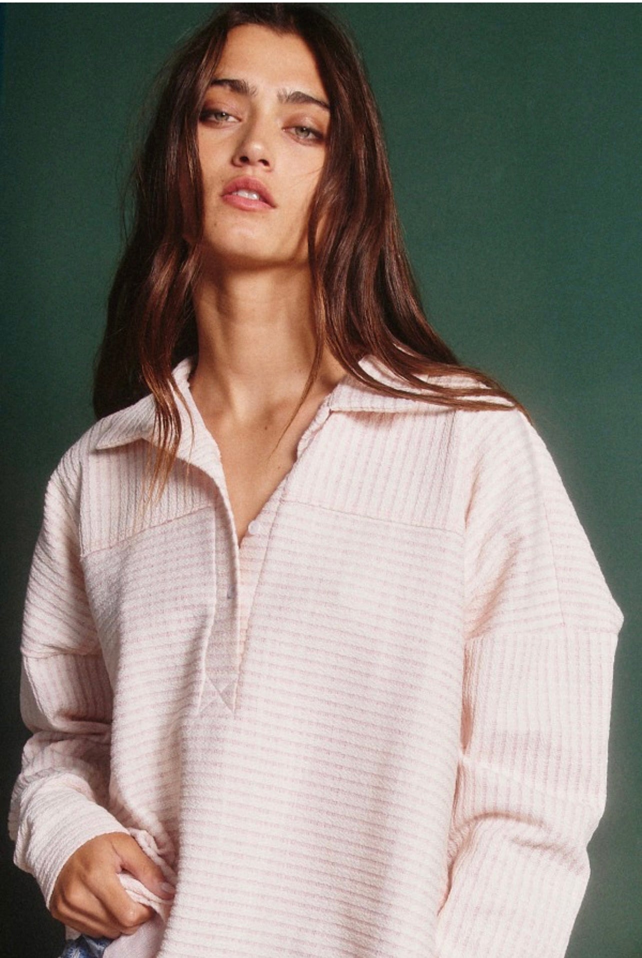 Ribbed Long Sleeve Button Up Pullover Shirt