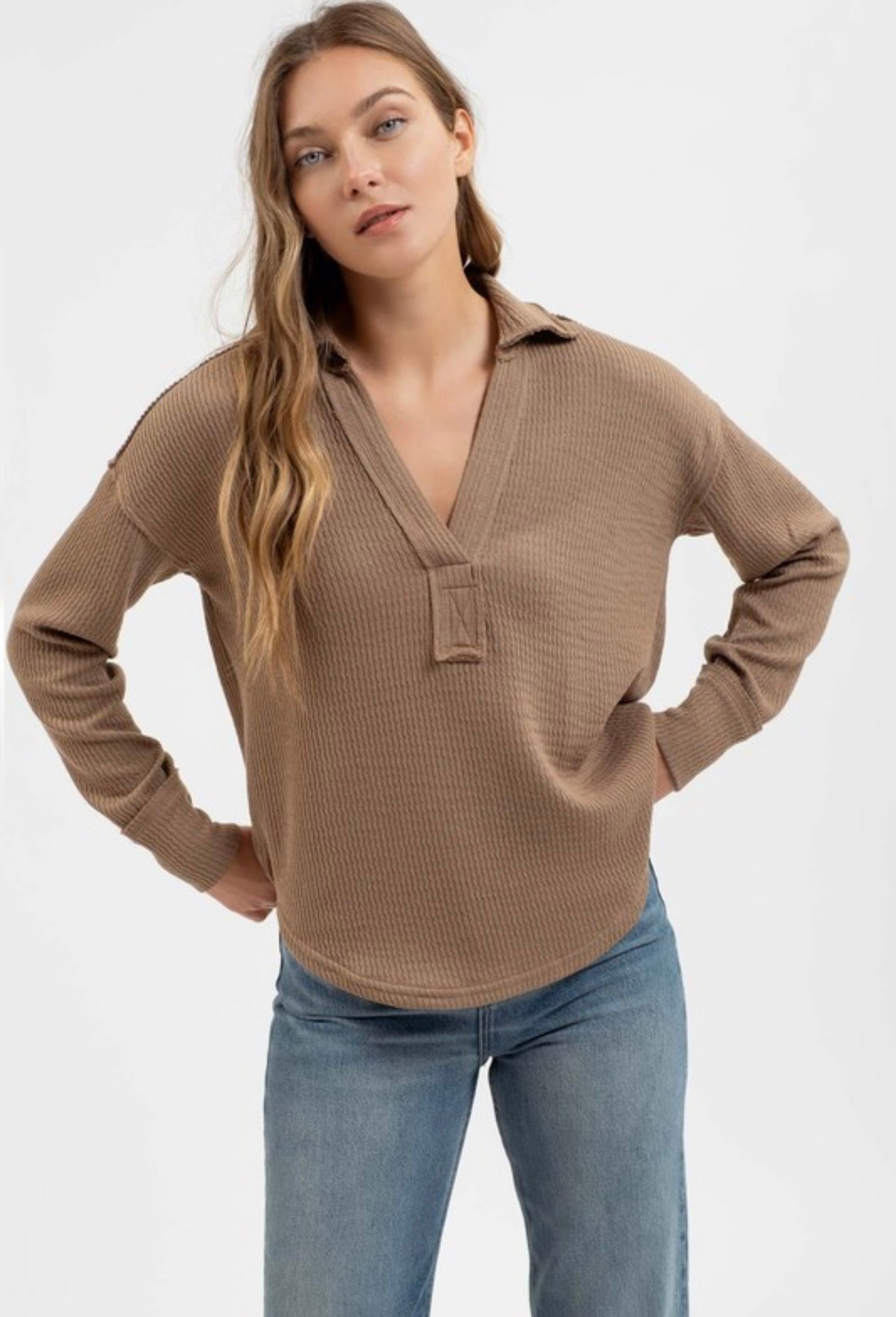 Taupe Long Sleeve Johnny Collared V Neck Shirt