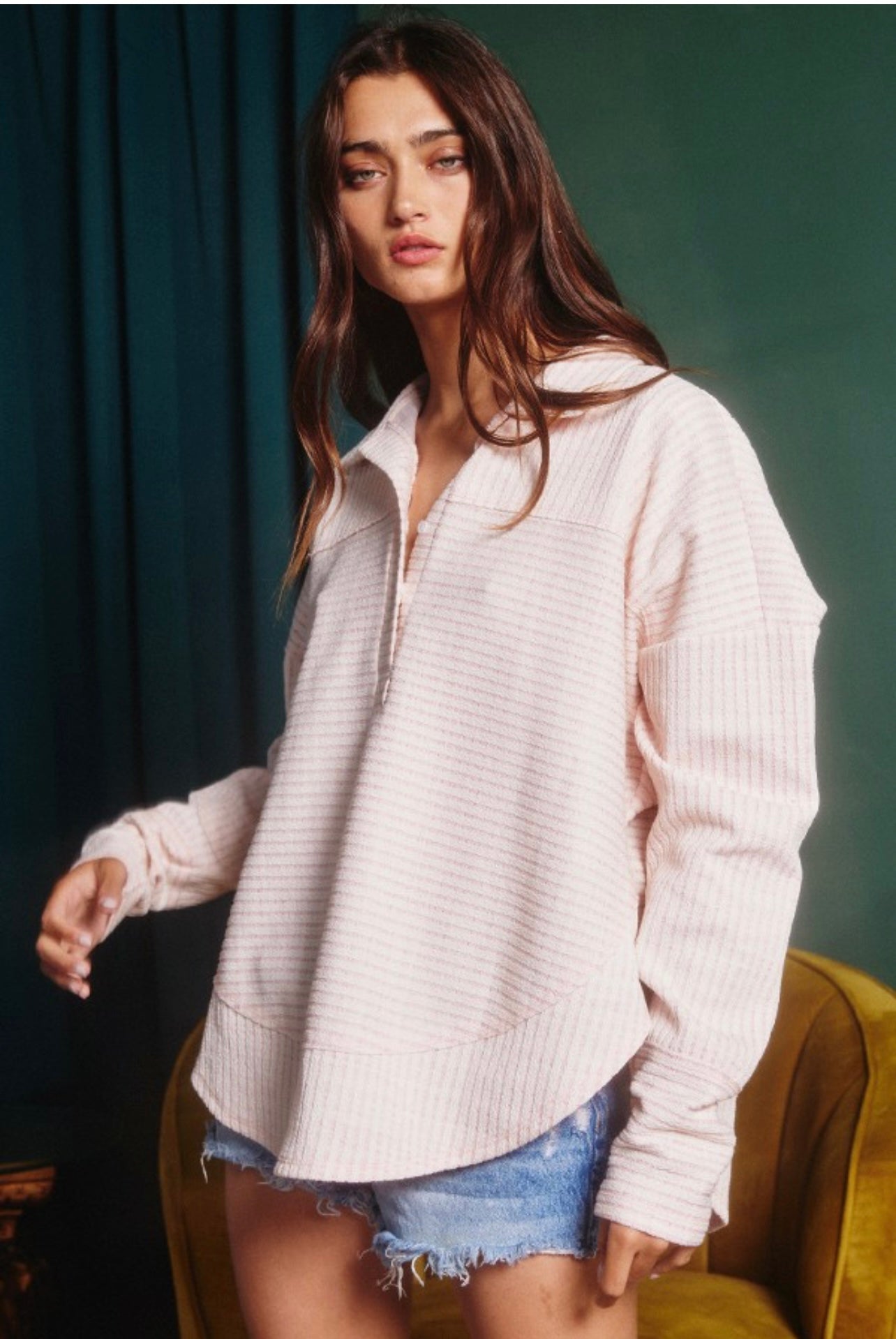 Ribbed Long Sleeve Button Up Pullover Shirt