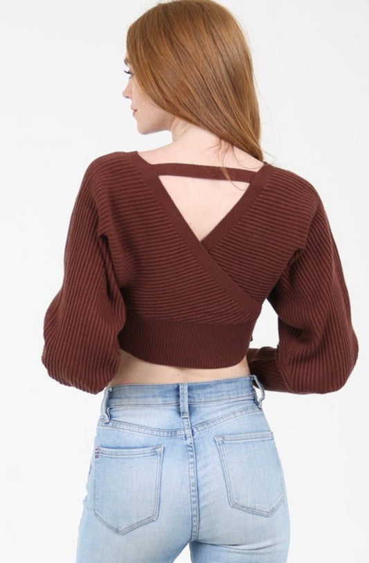 Rib Knit V Neck Crop Pullover