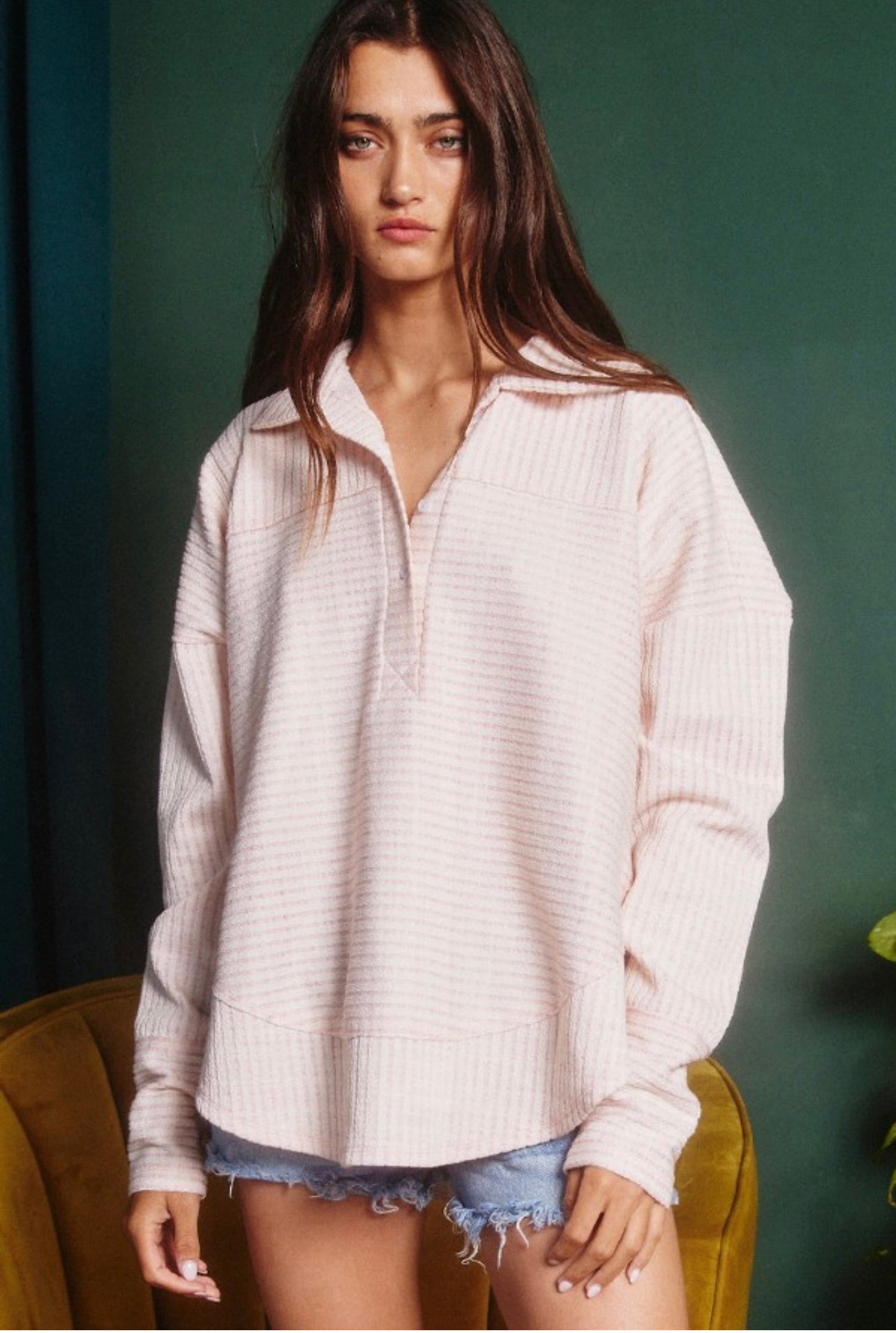 Ribbed Long Sleeve Button Up Pullover Shirt