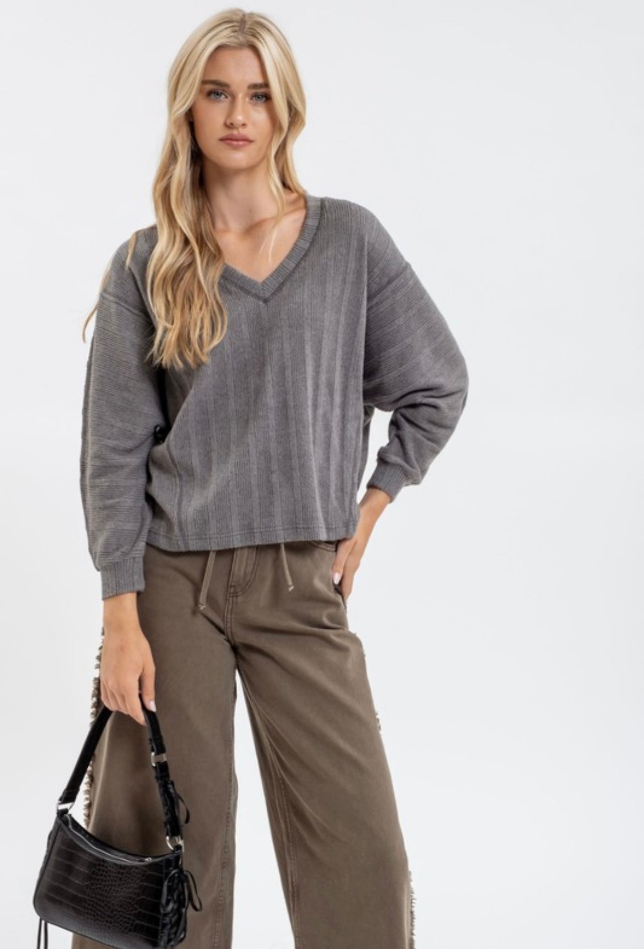 Charcoal Long Sleeve V Neck