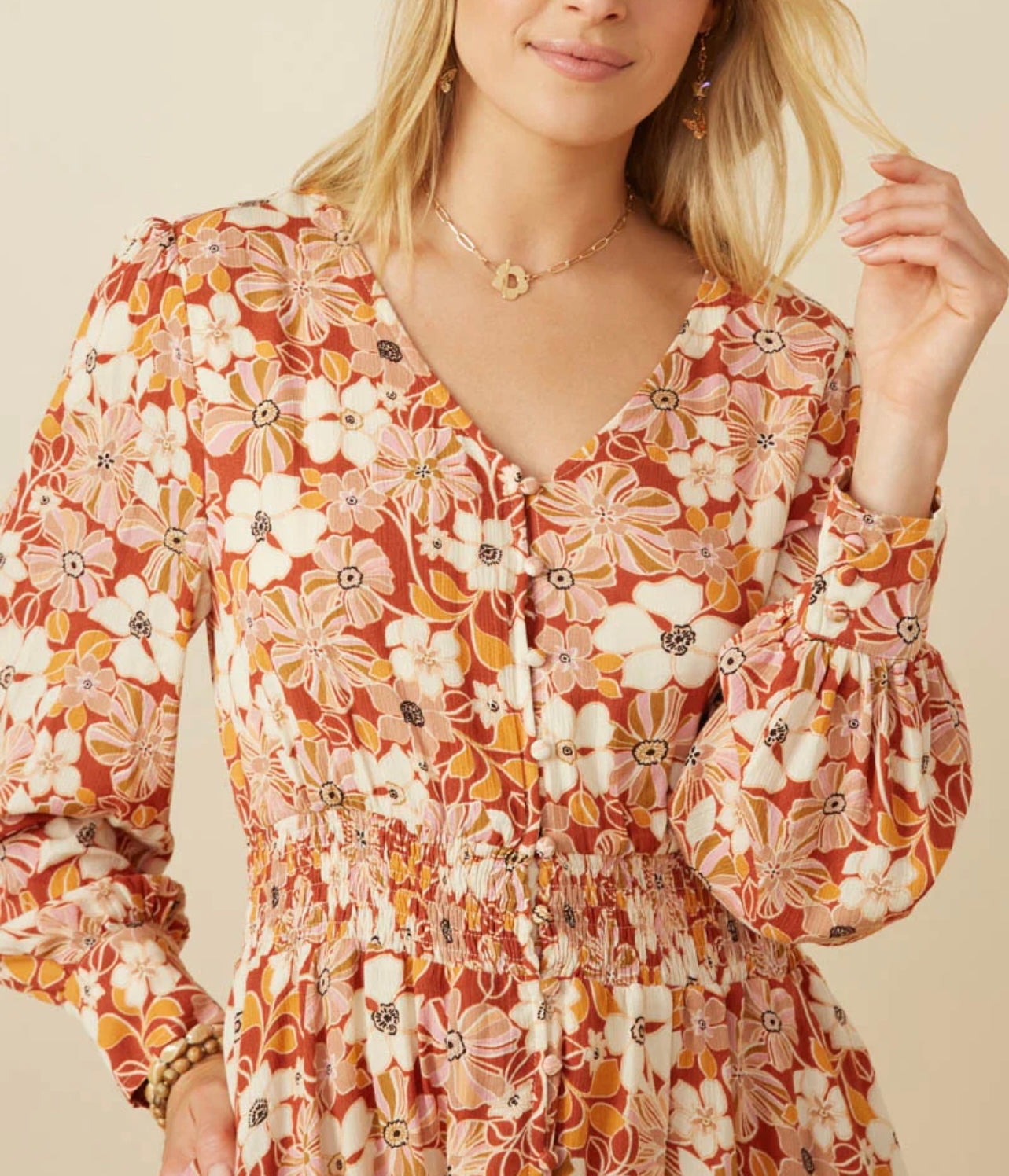 Floral Print Button Up V-Neck Smock Dress