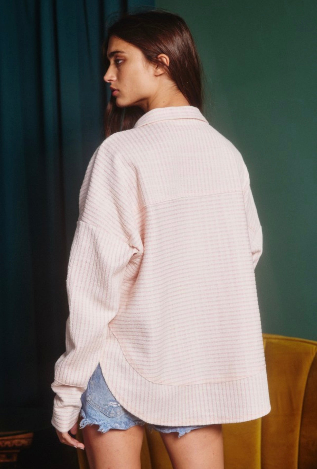 Ribbed Long Sleeve Button Up Pullover Shirt