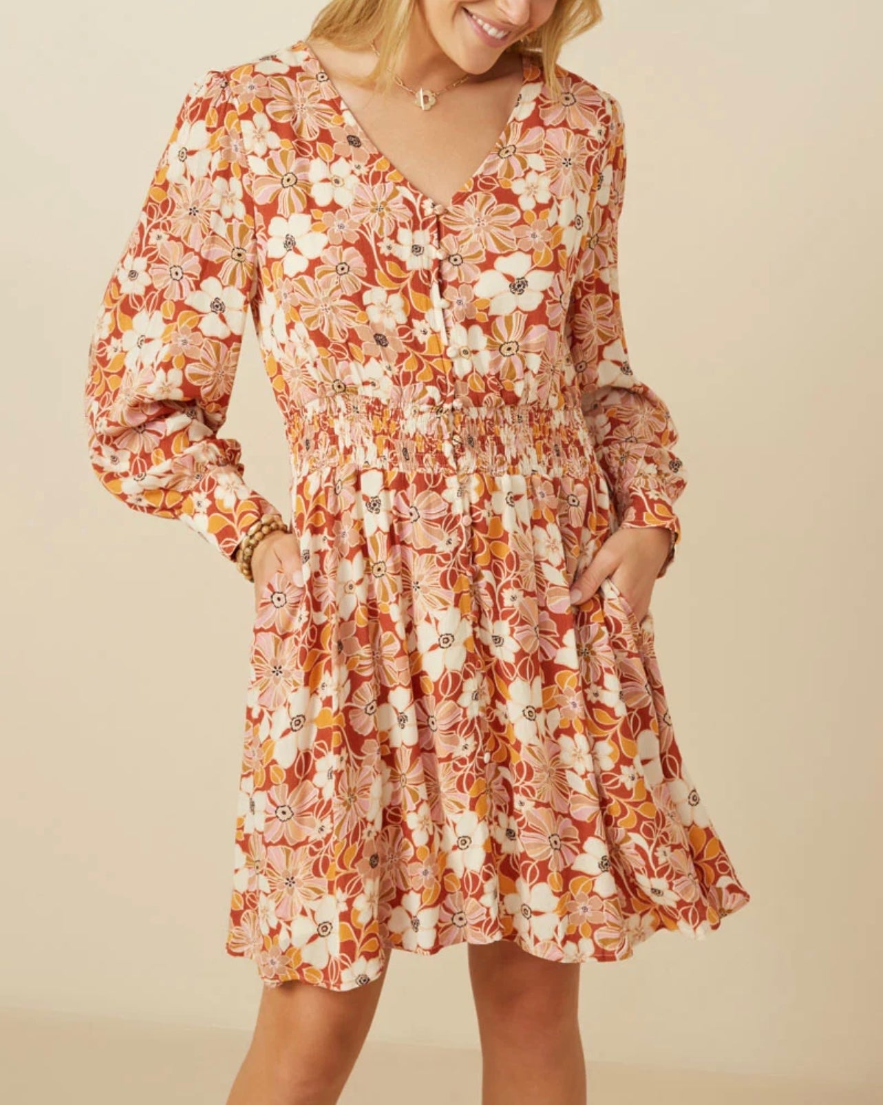 Floral Print Button Up V-Neck Smock Dress