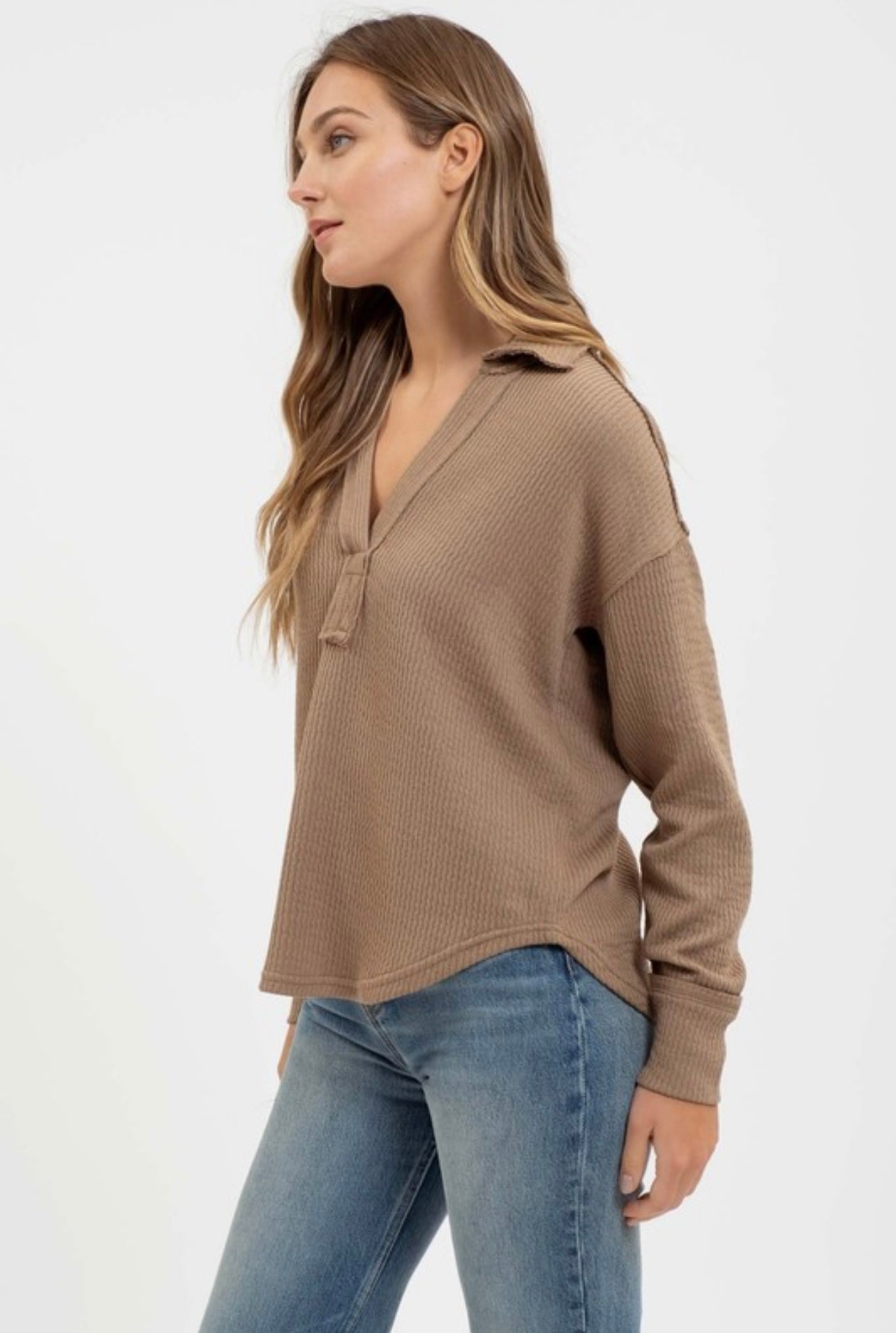 Taupe Long Sleeve Johnny Collared V Neck Shirt