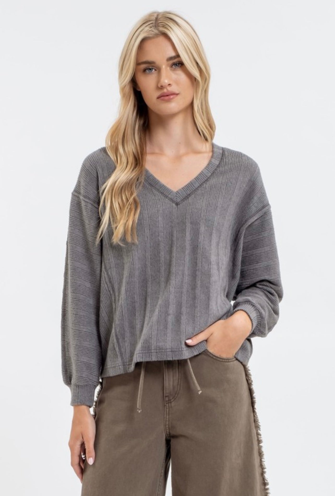 Charcoal Long Sleeve V Neck