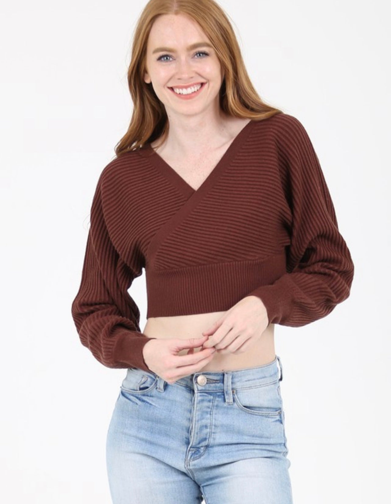 Rib Knit V Neck Crop Pullover