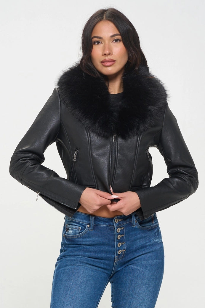 Faux Leather Jacket with Detachable Fur