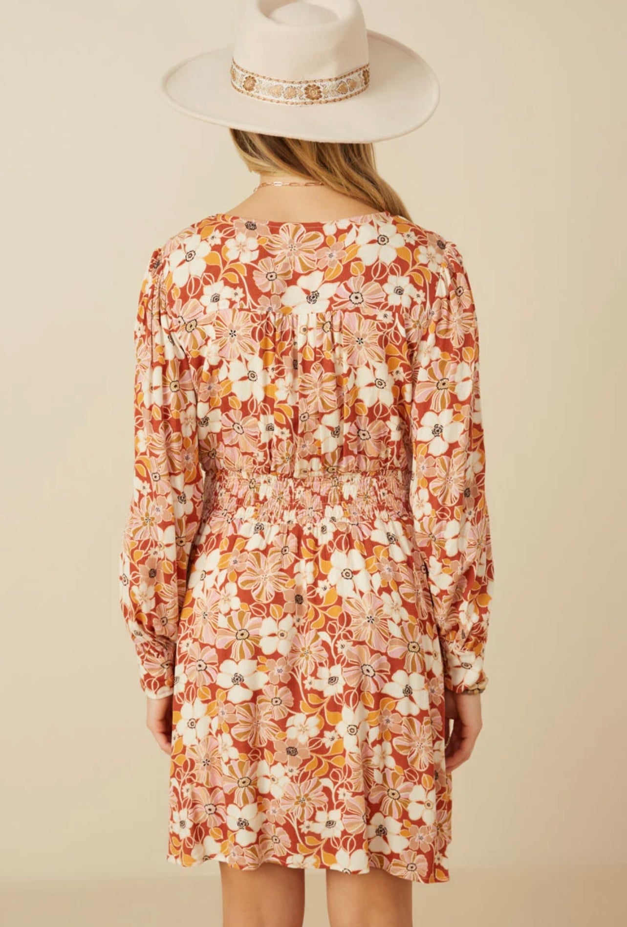 Floral Print Button Up V-Neck Smock Dress