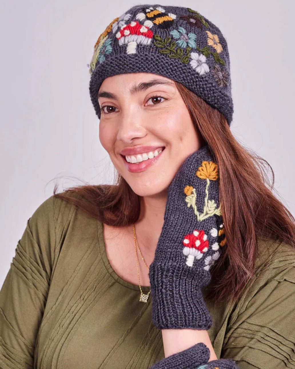 Wool Beanie with Flowers Mushroom and Bee