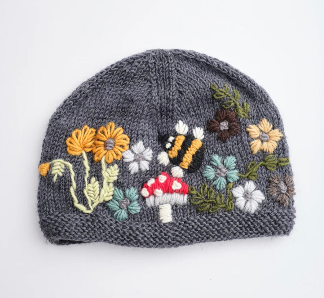 Wool Beanie with Flowers Mushroom and Bee