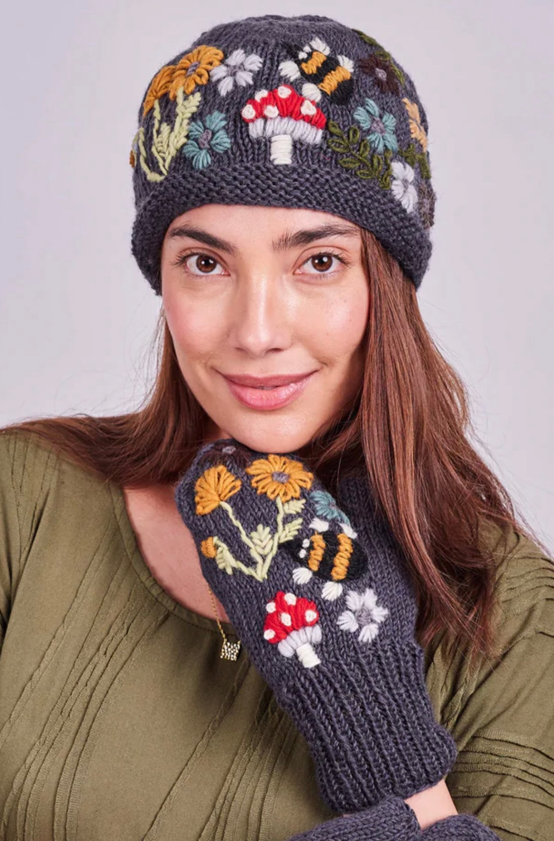 Wool Beanie with Flowers Mushroom and Bee