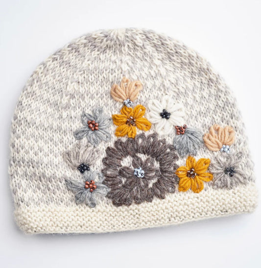 Wool Beanie with Flowers